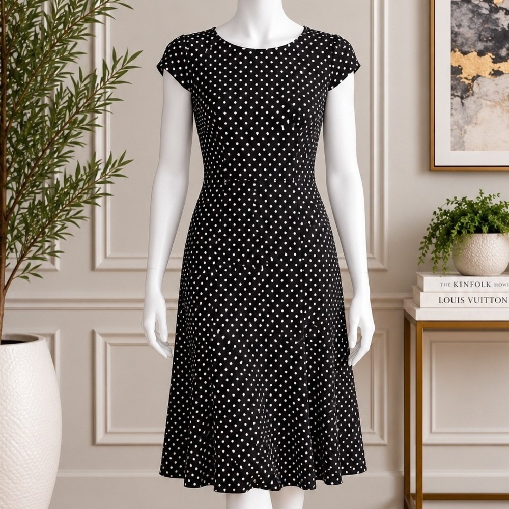 Anne Klein Women Dress Polka Dot Cap Sleeve Brown White Sheath Size 2